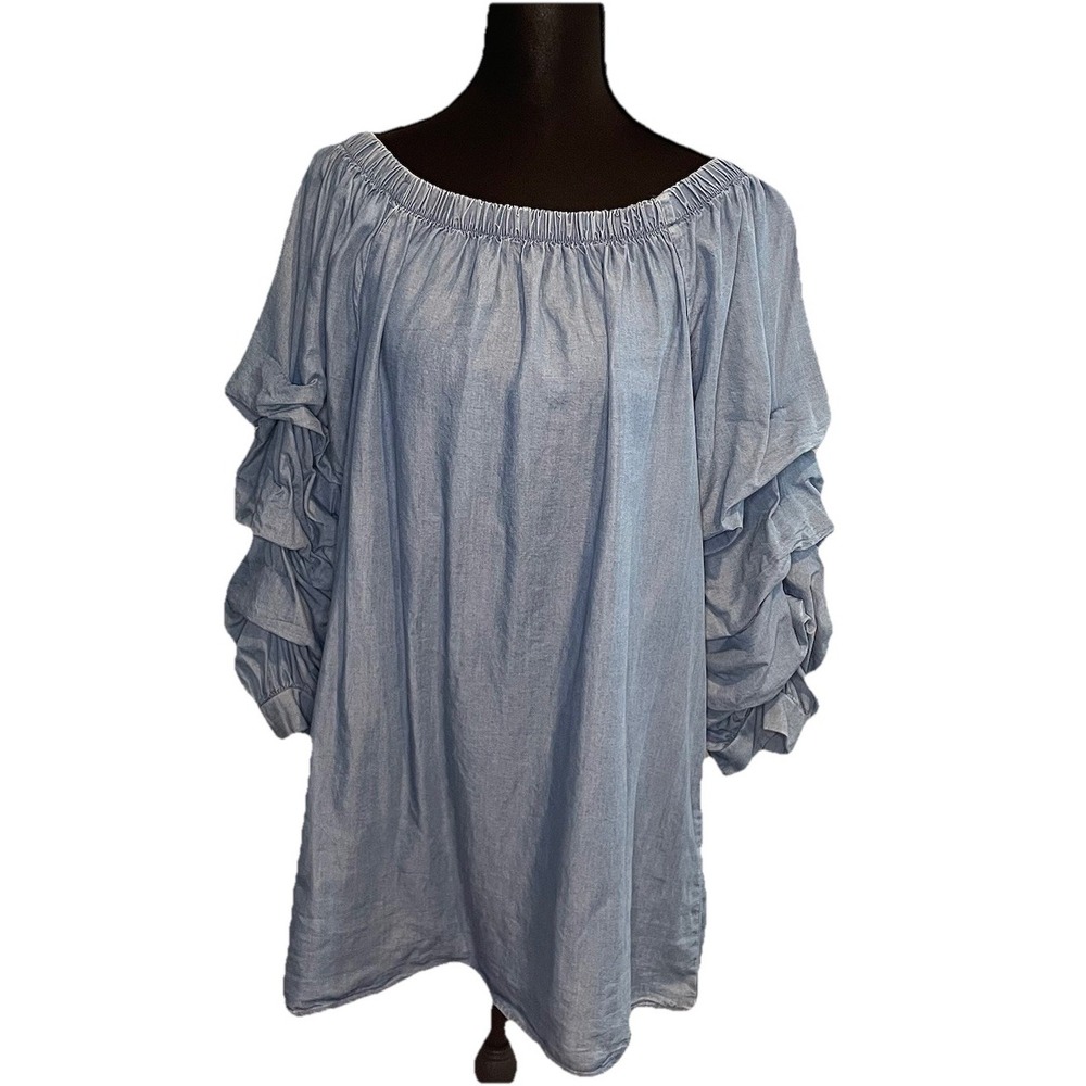 Haute Monde Blue Bardot Off‎ Sholder Tencel Dress Lg Tiered Ruffle Sleeve Boho